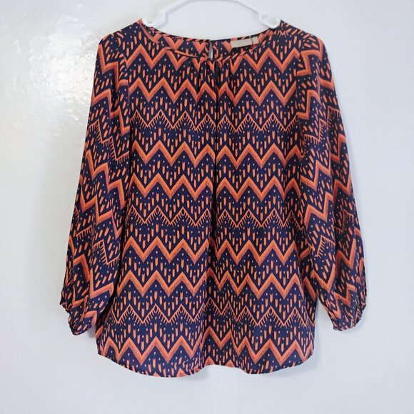Ellie Kai Tops - Ellie Kai Silk Blouse Sz 4 Orange Navy Printed Long Sleeve Flowy Top